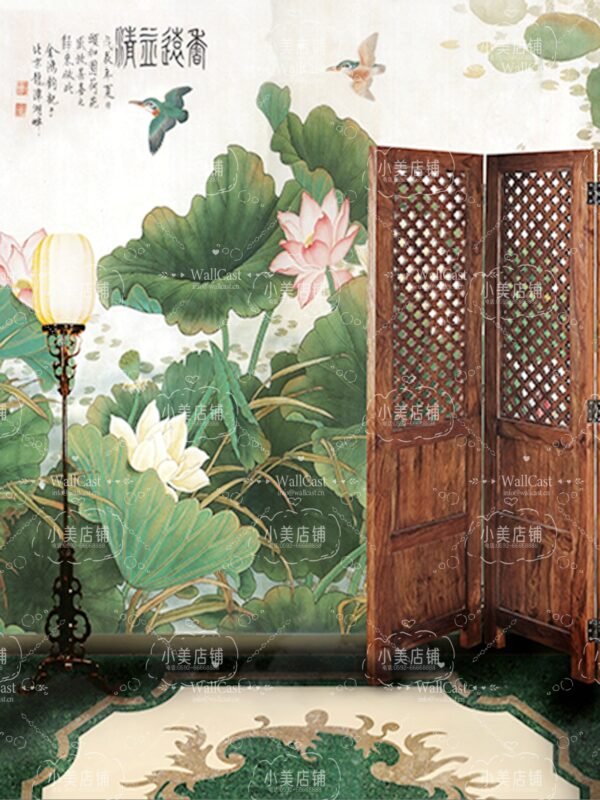 Serene Lotus Pond Beauty Chinese Lotus Pet Photography Backdrop by WallCast – Traditional Oriental-Themed Pet Photography Live Streaming Background