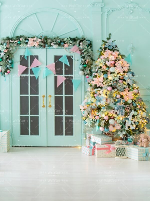 Close up a Christmas tree lights glittering at night. New Year fir tree with decorations and illumination. Xmas tree decorations background. Many large golden balls on fir tree New Year and Christmas Mint Green Christmas Pet Photography Backdrop by WallCast – Festive Vibe-Themed Pet Photography Background