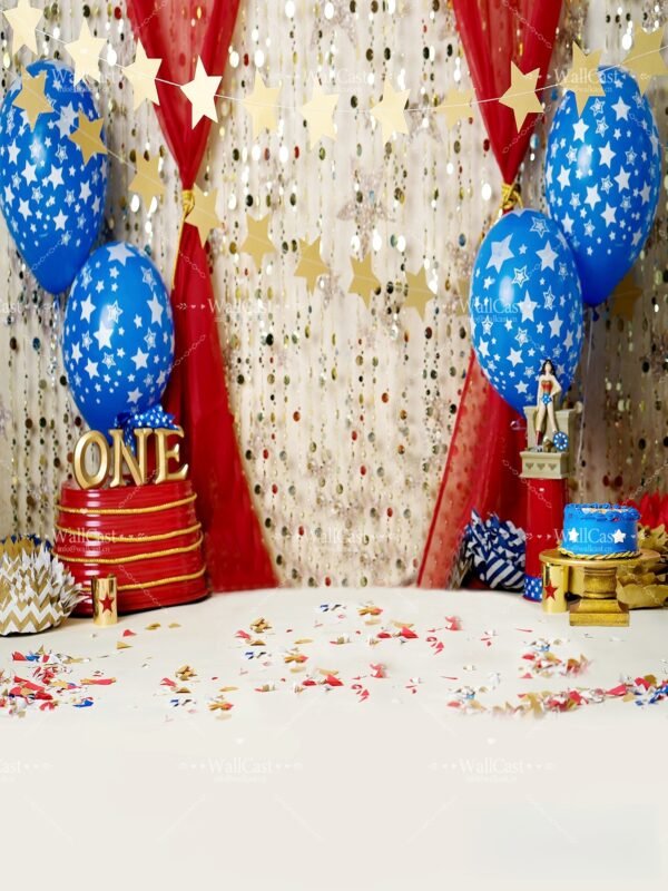 The One & Only Paws Majesty Patriotic Star Balloon Pet Photography Backdrop by WallCast – Red Blue Party-Themed Pet Photography Background