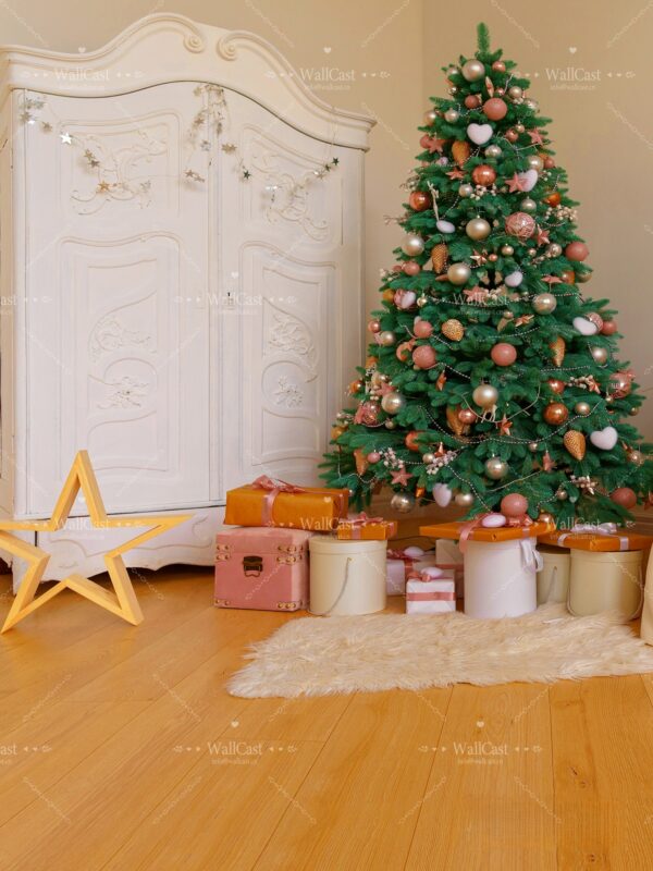 Decorated room for Christmas holidays - Gifts under Christmas tree and white wardrobe and covered armchair Christmas Dreamy Backdrop