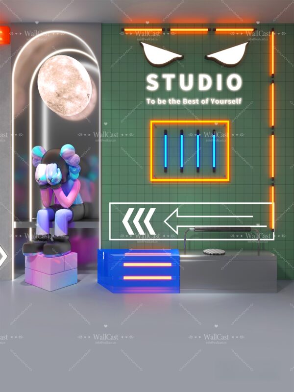 Cool Art Display Corne Neon Art Studio Backdrop by WallCast – Cool Neon & Art Toy Themed Live Streaming Background