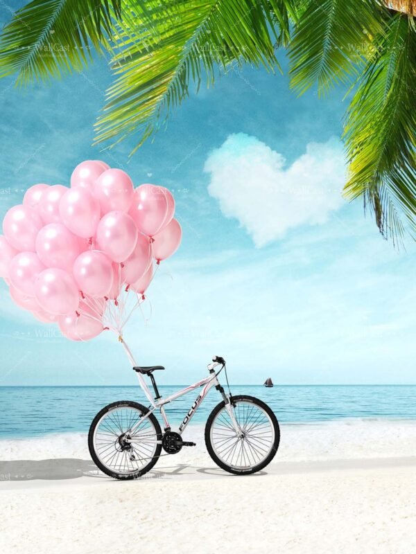 tropical paradise Beach Bicycle & Pink Balloon Photography Backdrop