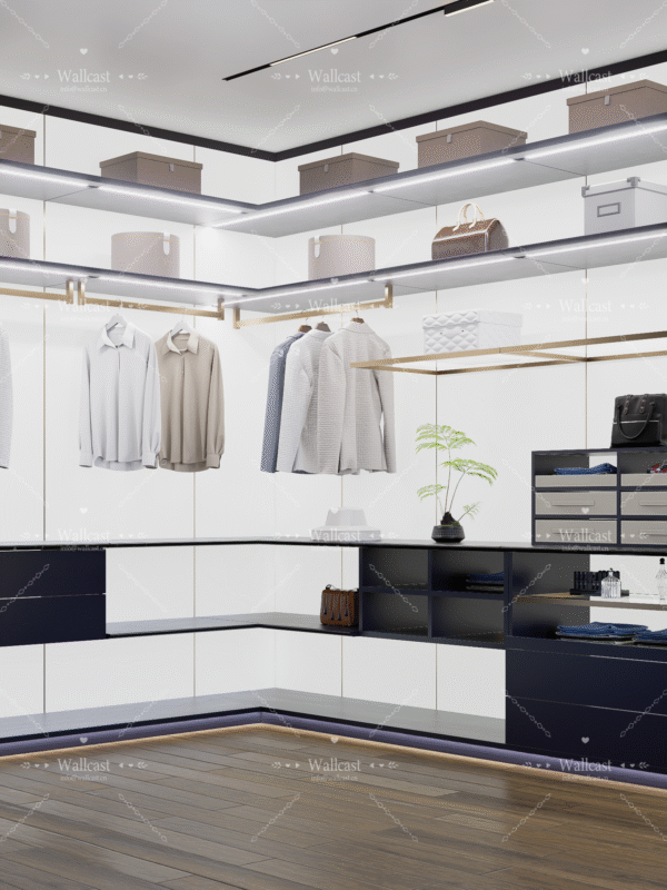 17 Modern Minimalist Men's Closet Live Backdrop - Sleek minimalist men's closet setup with white walls, black-gold shelves, and organized men's apparel for men's fashion live streaming
