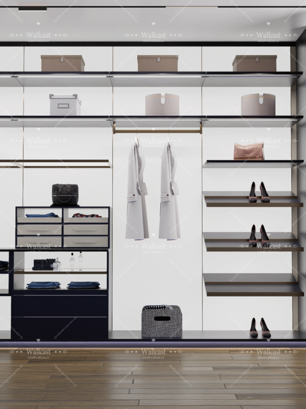 Modern Minimalist Women's Closet Live Backdrop - Neat minimalist women's closet setup with organized clothing, shoe/bag displays, and sleek storage shelves for women's fashion live streaming Modern Minimalist Women's Closet Live Backdrop - Neat minimalist women's closet setup with organized clothing, shoe/bag displays, and sleek storage shelves for women's fashion live streaming