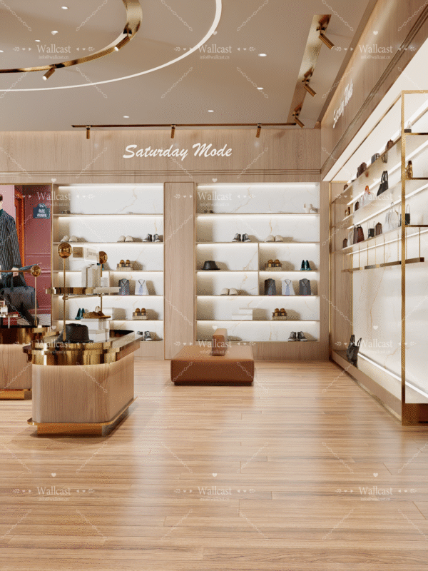 Light Luxury Retail Store Live Backdrop - Boutique-style live streaming setup featuring light wood tones, gold accents, and merchandise display shelves (shoes, bags) for fashion retail content Light Luxury Retail Store Live Backdrop - Boutique-style live streaming setup featuring light wood tones, gold accents, and merchandise display shelves (shoes, bags) for fashion retail content