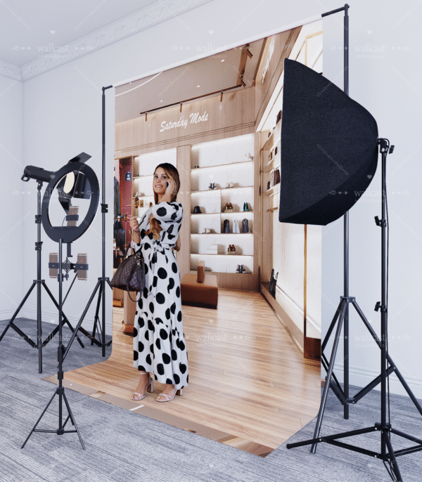 Light Luxury Retail Store Live Backdrop - Boutique-style live streaming setup featuring light wood tones, gold accents, and merchandise display shelves (shoes, bags) for fashion retail content Light Luxury Retail Store Live Backdrop - Boutique-style live streaming setup featuring light wood tones, gold accents, and merchandise display shelves (shoes, bags) for fashion retail content
